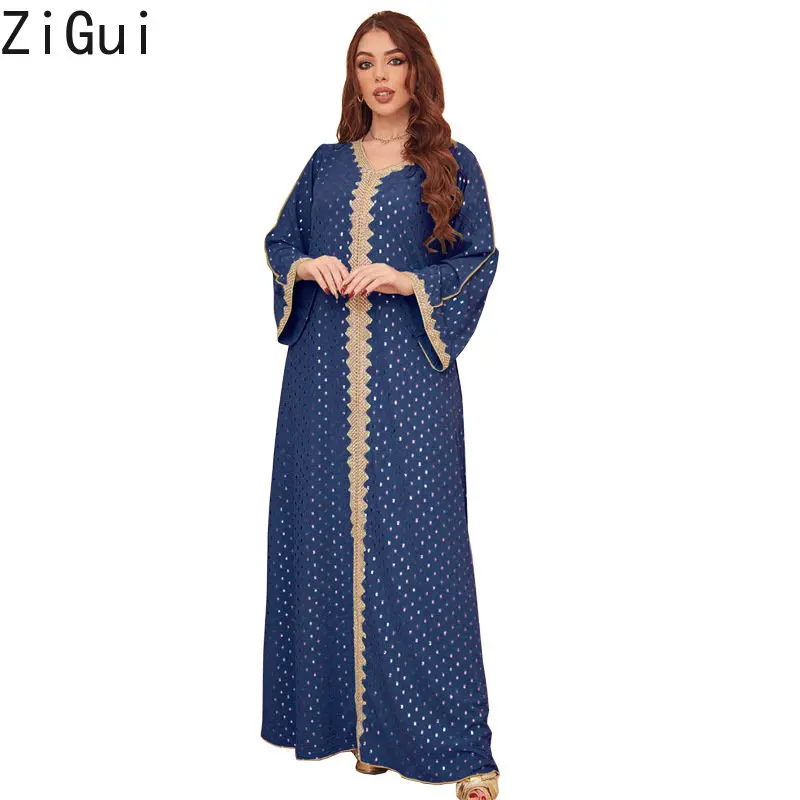 Zigui Robe Marocaine Femme Caftan Dark Blue V Neck Lace Applique Turkey Arabic Oman Caftan Long Muslim Dresses For Women