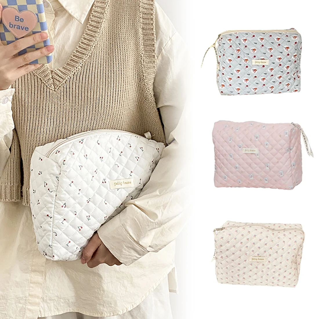 

Cute Cotton Makeup Bag Women Zipper Cosmetic Organizer Female Cloth Handbag Box Shape Portable Toiletry Case For Girls