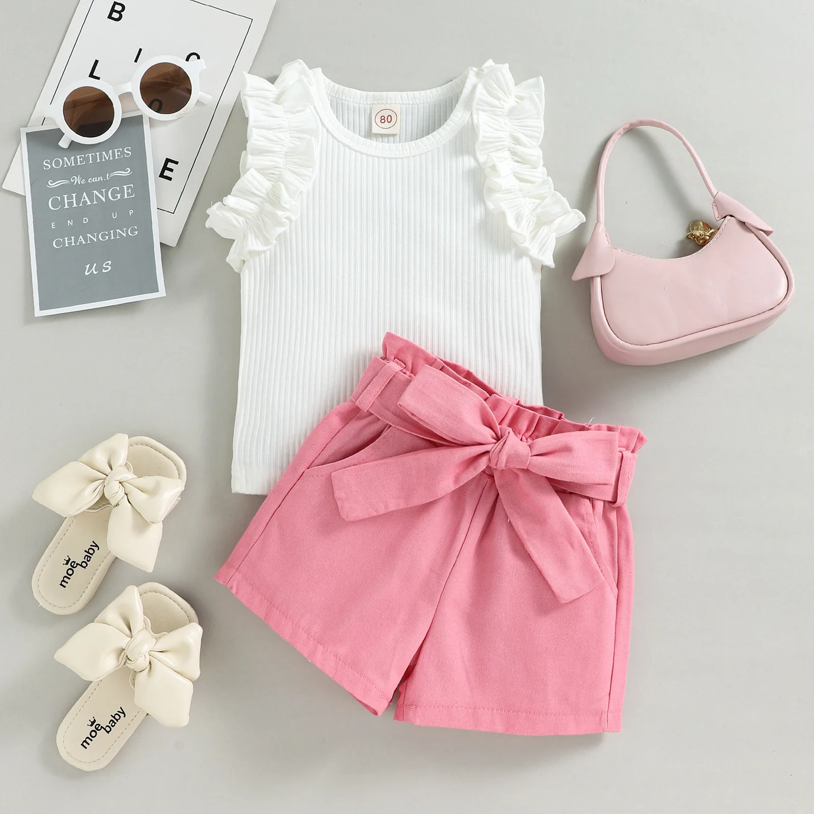 

Baby Summer Clothing Sets Toddler Girl Clothes Infant Solid Ribbed Ruffle Sleeve Vest + Belt + Shorts 3pcs Set Children Outfits
