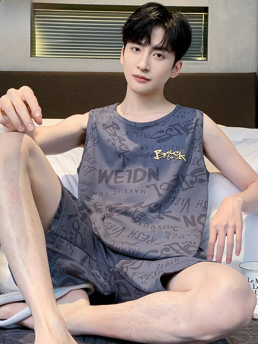 Пижама Мужская Летняя хлопковая Новинка 2024 жилет без рукавов мужские летние