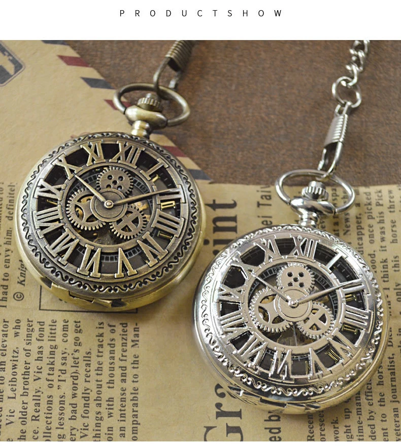 Luxury Steampunk Gear Mechanical Pocket Watch for Men Women Hollow Skeleton Case Roman Numerals Dial Fob Chain Pendant Clock