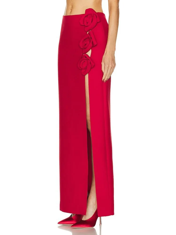 Юбка женская однотонная с разрезом высокой талией и аппликацией