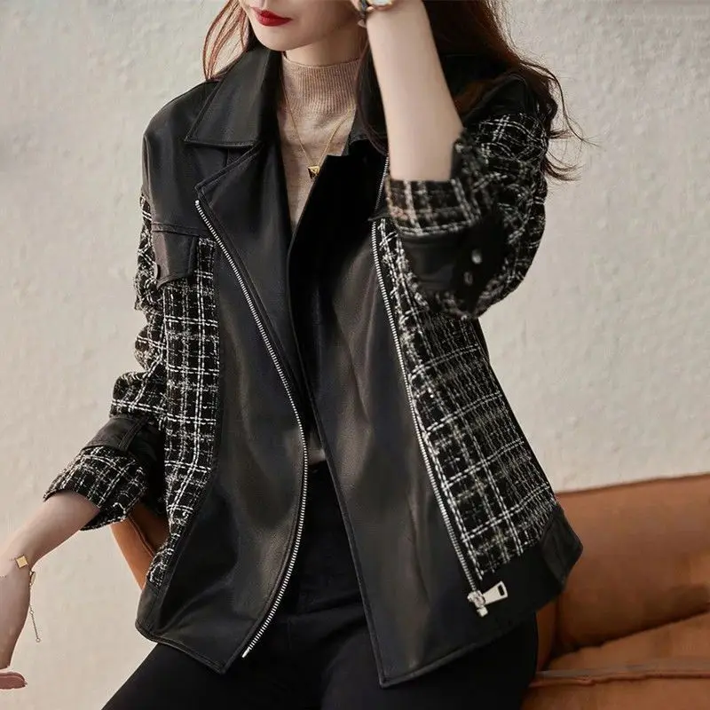 Autumn and Winter Coat Women's Fashion Motorcycle Leather Coat 2022 New Short Pu Leather Coat Splice Tweed Plaid Jacket Women