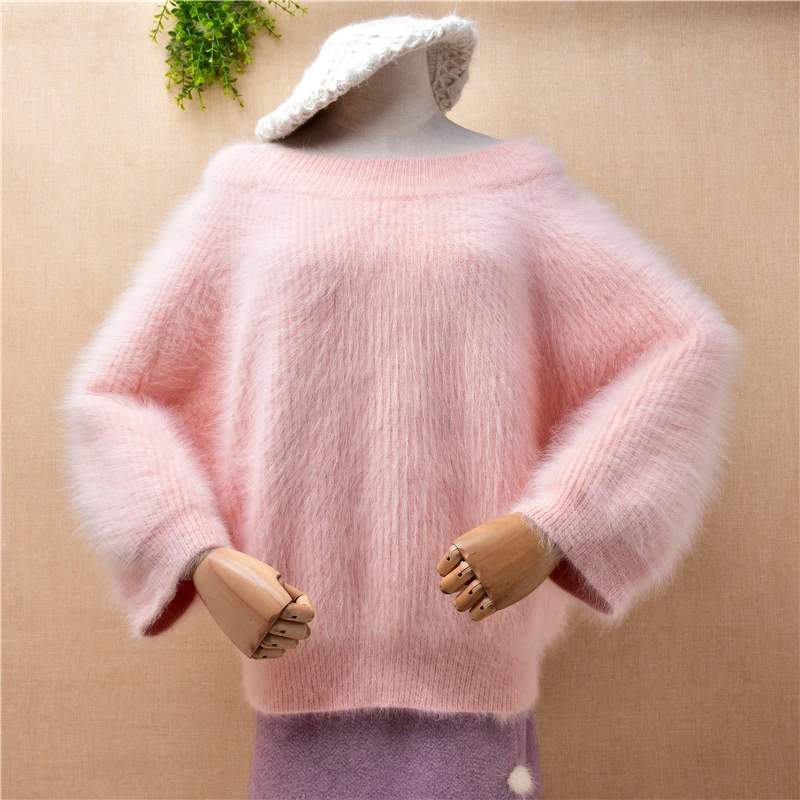 

female women fall winter pink thick warm mink cashmere knitted three quarter sleeves slash neck loose pullover angora sweater