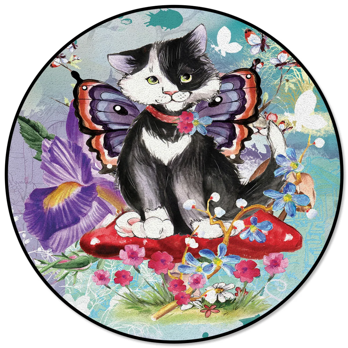 

Волшебный мультяшный круглый ковер с изображением бабочки, кота, растения для спальни, домашний декоративный ковер для гостиной, ванной ком...