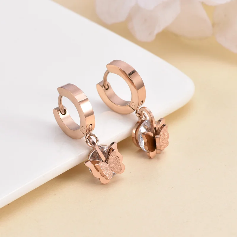 

Cute Stainless Steel Butterfly Hoop Earrings For Women AAA Zircon Rose Gold Earring Female Trendy Jewelry Gifts