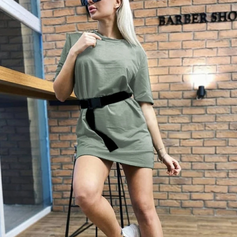 

2022 Women Summer O Neck Loose Casual Dresses Fashion Oversize Sports Simple Short Sleeve Dress Vestidos Solid Khaki With Belt