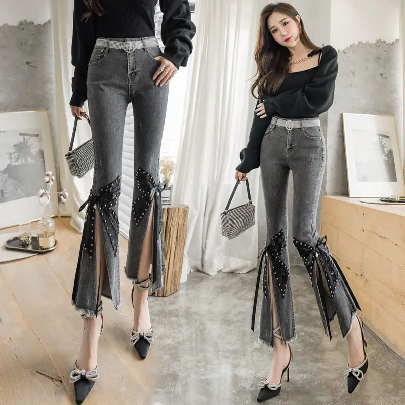 

Fashion Flare Pants Women Vintage Denim Ladies Embroidered Jeans 2022 Retro Stretch Washed High Waist Streewear Pant S21