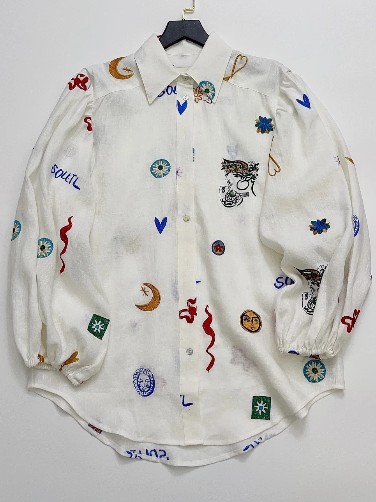 

Linen White Women Embroidered Summer Vacation Shirt 2023 New in