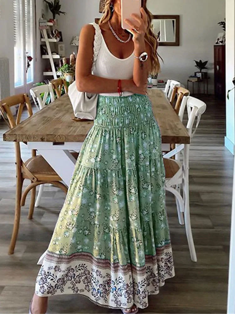 

Ladies Ol All Match Bottoms Skirts Boho Print Long Bust Skirts Elegant Ladies Elastic Waist Summer Beach Holiday Vintage Skirts