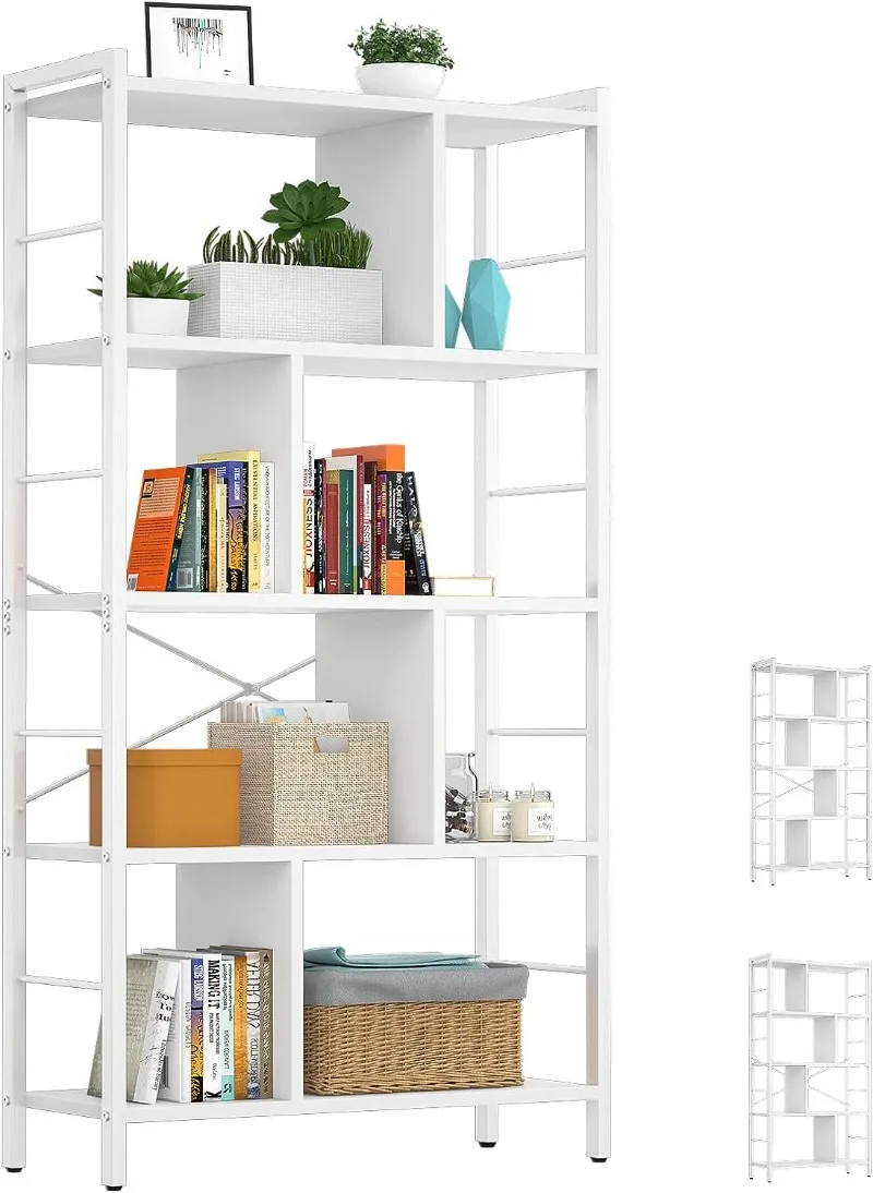 Bookshelf 5 Tier Tall Industrial Bookcase Wood Metal Frame Standing Book Shelf