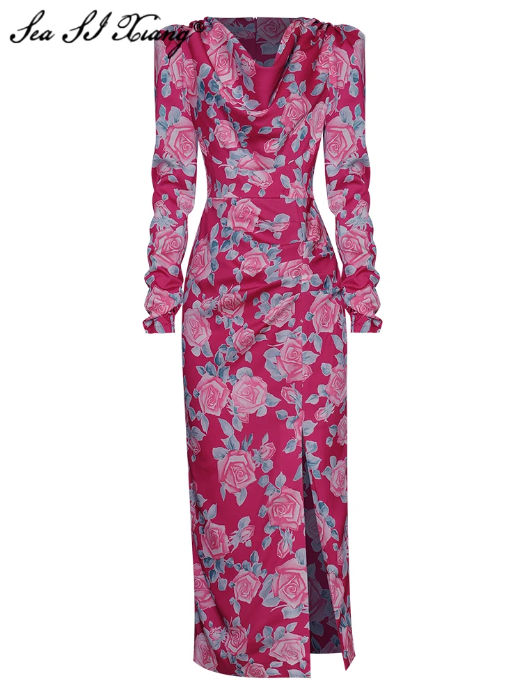 

Seasixiang Fashion Designer Spring Summer Dress Women Folds V-Neck Puff Sleeve Flower Print Vintage Party Package Buttocks Dress