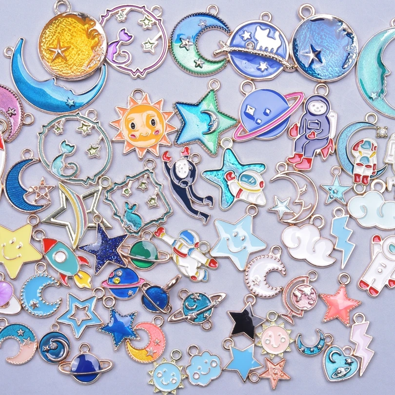 

Random Mix Blue Space Enamel Charm Moon Star Rocket Alloy Pendant Charm For Jewelry Making DIY Craft Bracelets Earrings Material