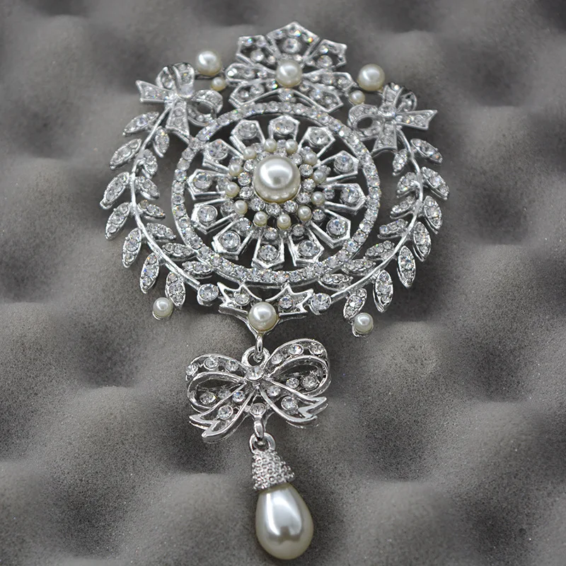 4.5 Inch Extra Large Size Big Brand Luxury Flower and Bow Design Drop Pearl and Crystal Brooch Wedding Silver Tone