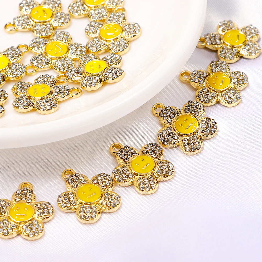 

10pcs/Lot Shiny Crystal Flower Golden Smiley Charms Jewelry For Making DIY Earrings Pendants Necklaces Bracelets Accessories