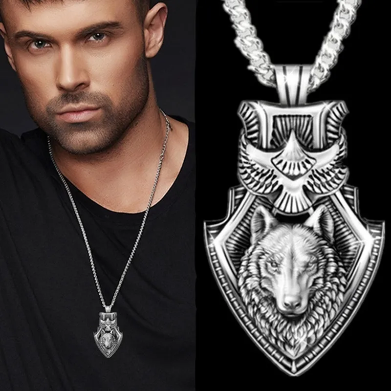

Wolf Head Fashion Retro Pendant Necklace Domineering Animal Eagle Shield Necklace Men's Luxury Fashion Jewelry Accessories