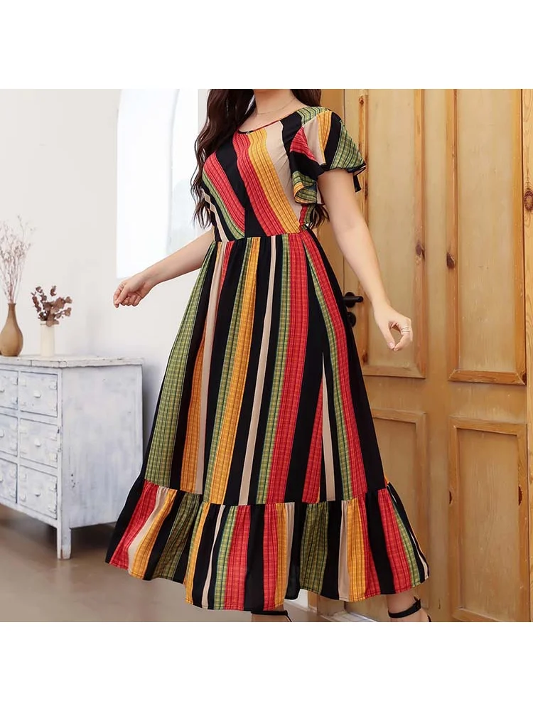 Middle East large print dress 2022 Europe and America new red elastic waist dress for women plus size feminino