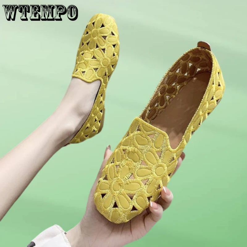 

WTEMPO Size 35-42 Square Toe Summer Shoes Embroidery Designer Shoes Soft Slipon Loafers Moccasin Leisure Women's Ballet Flats
