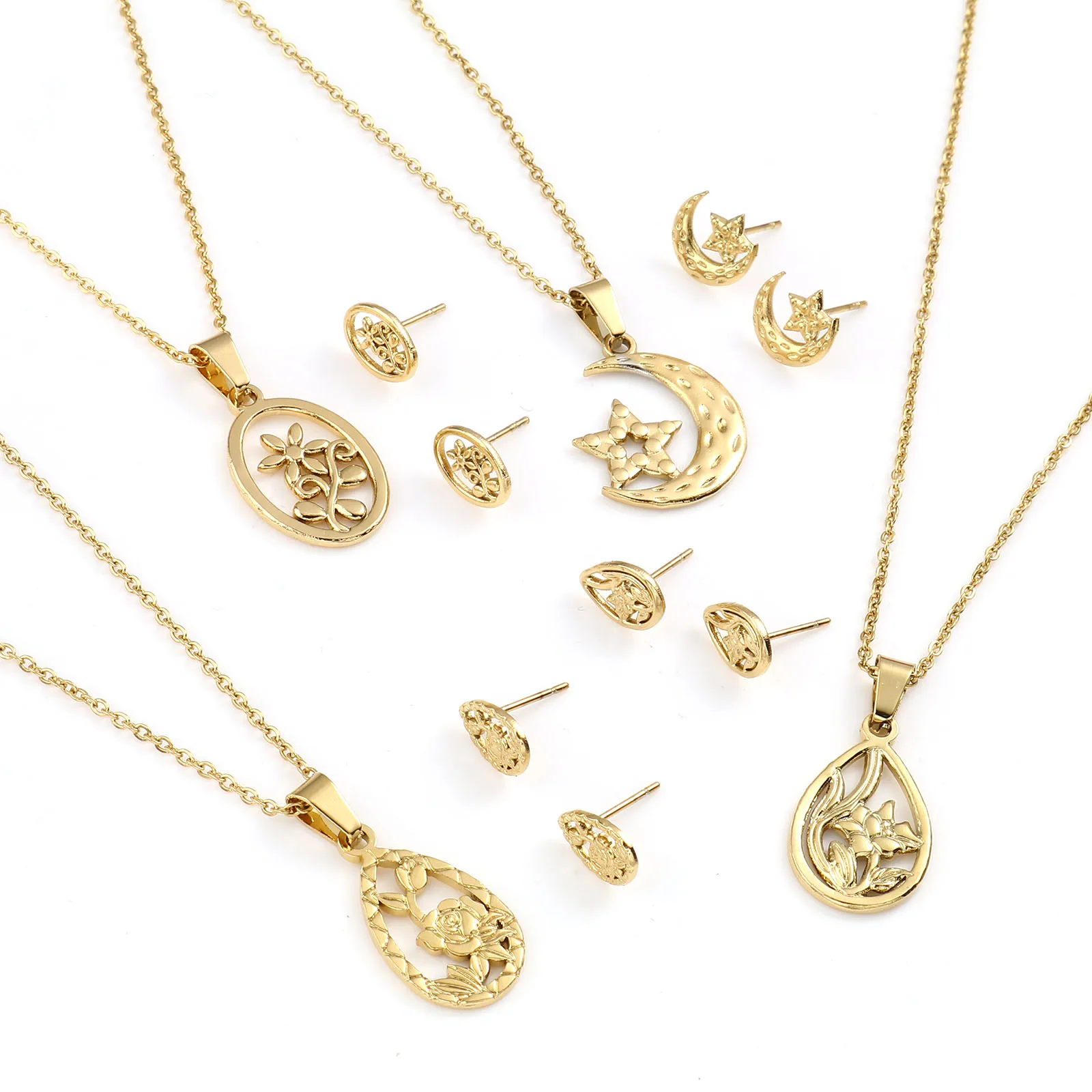 Ожерелье и серьги-гвоздики из нержавеющей стали 201, 1 комплект, Овальный Цветок золотого цвета, полые, длина 45 см x 0,7 см, (2 шт./компл.)