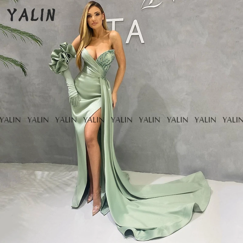 

YALIN Mint Green Prom Dress Mermaid Sweep Train High Slit Sweetheart Neck Evening Dress Satin Sequin Sexy abends kleider 2022