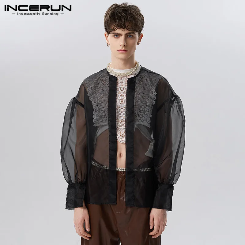 

INCERUN Tops 2023 Court Style New Men's Loose Fitting Comfortable Shirts Casual Sexy See-thtourh Mesh Thin Cardigan Blouse S-5XL