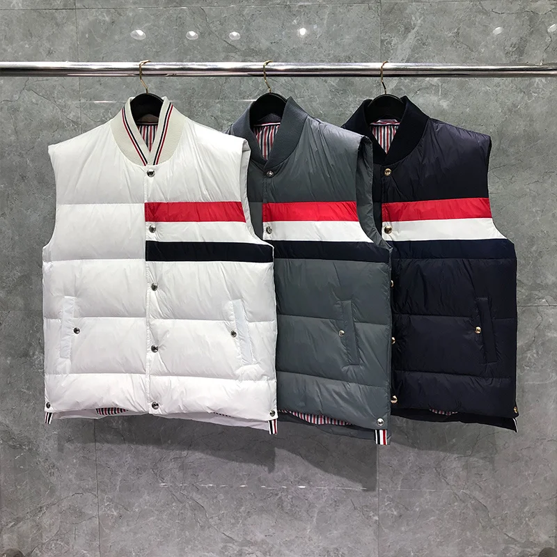 

Puffer Men's TB THOM Casual Stand Collar Quilted Waistcoat Outdoor Padded Ski Vest Matte Nylon Contrast RWB Stripe Jackets