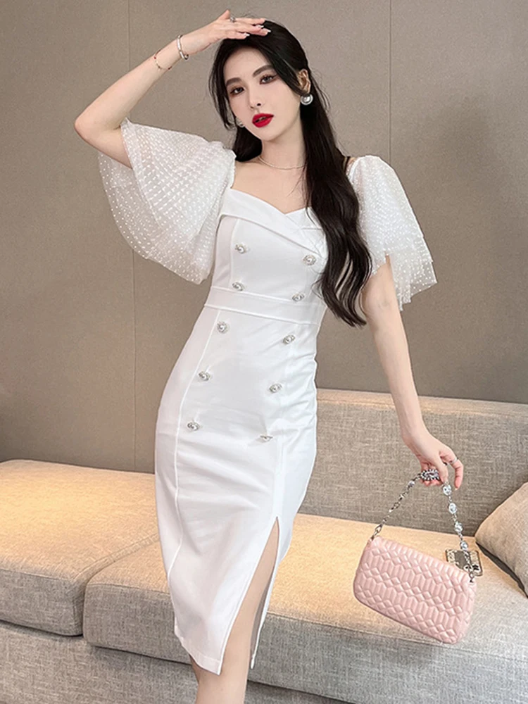 

Fashion Elegant Women Evening Dress Chic Lady Mesh Sleeve Square Collar Skinny Slim Midi Party Birthday Robe Femme Mujer Vestido