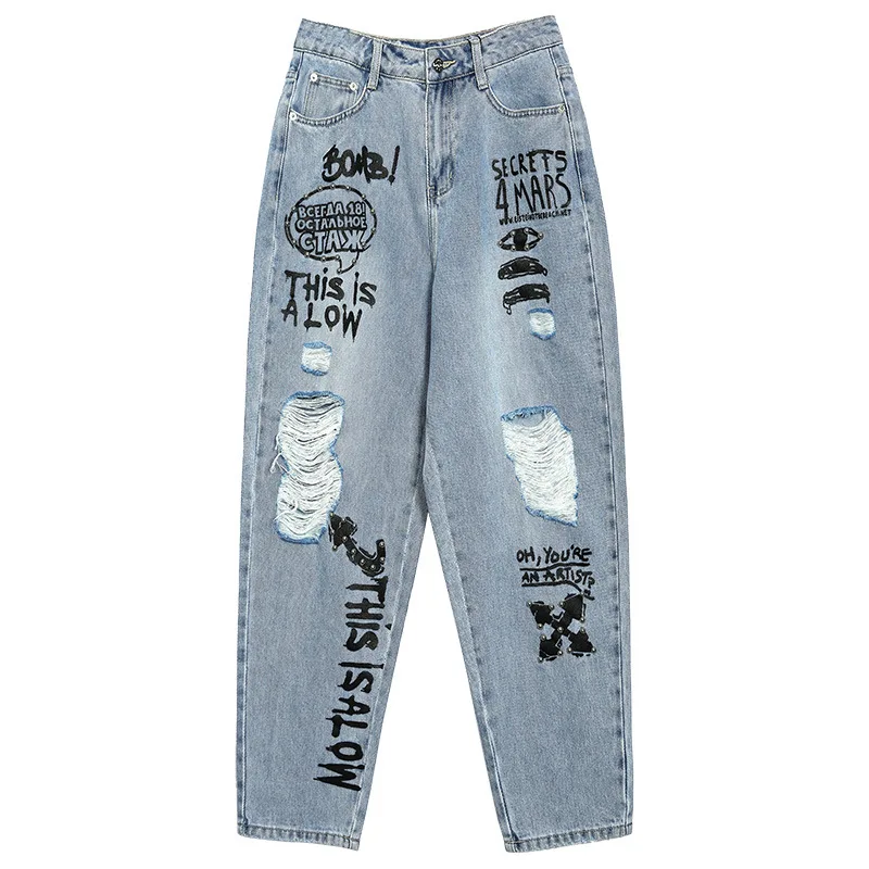 Women's spring and summer new original trendy INS personality graffiti rivets printed hole grinding white straight jeans