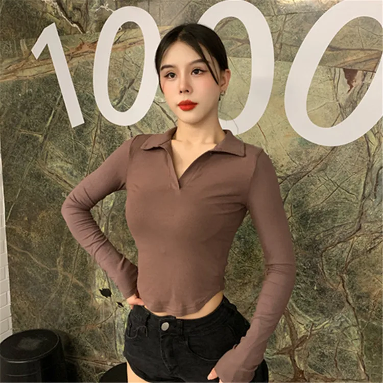 

100% cotton lapel long-sleeved solid color spring and autumn casual top gray