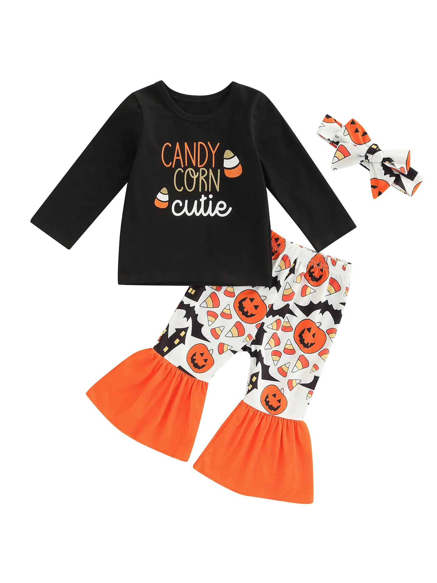 

Свитшот для маленьких девочек с изображением тыквы, рубашки с длинным рукавом, топ, однотонные расклешенные штаны с колокольчиком, одежда для Хэллоуина