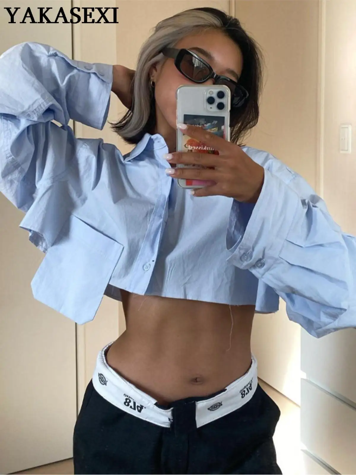 

YAKASEXI 2022 Y2K Pocket Crop Top Women Long Sleeve Cropped Chic Blouse Autumn Y2K Shirts Office Lady Loose Tees