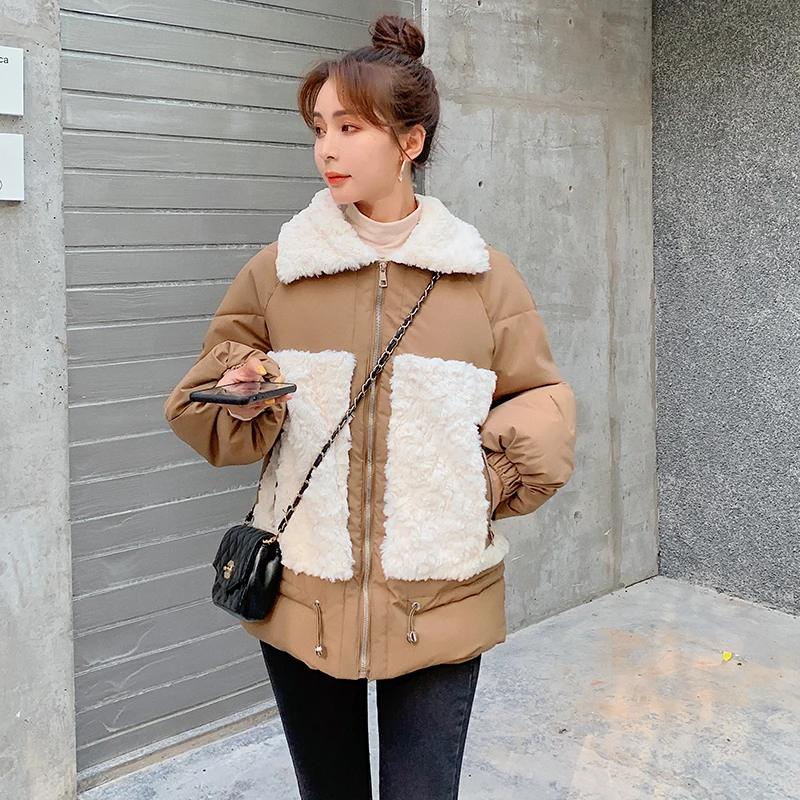 Winter Women's Lamb Hair Jackets Fashion Casual Puffer Windbreaker Loose Zipper Patchwork Ladies Warm Thicken Plus Velvet Coats
