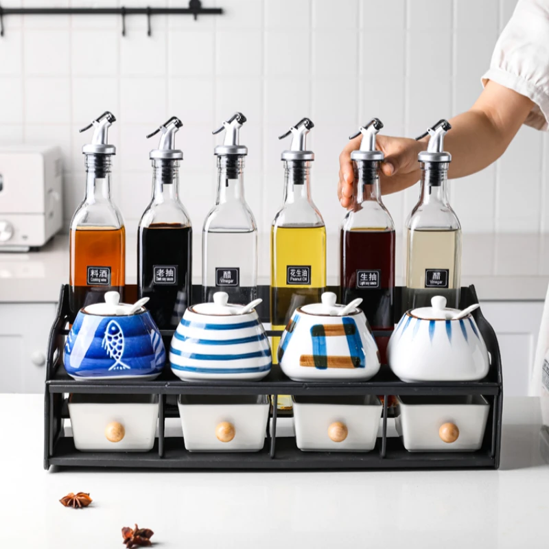 

Набор керамических контейнеров для хранения соли, стеллаж для хранения масла и уксуса, ложки и ложки, кухонные принадлежности