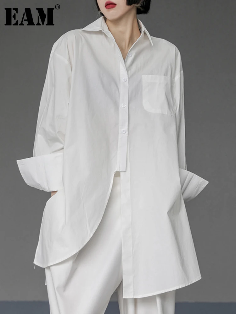 

[EAM] Women White Irregular Big Size Blouse New Lapel Long Sleeve Loose Fit Shirt Fashion Tide Spring Autumn 2023 1DE1982