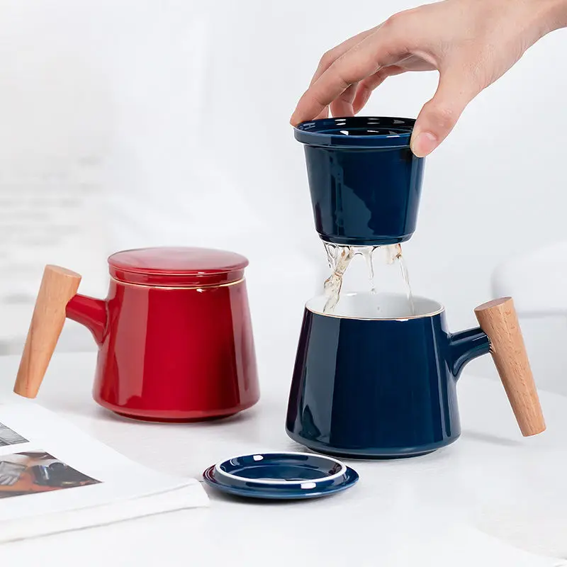 

300ml Tea Cup Tea Water Separation Heat-resistant Milk Coffee Cup Set Ceramic Nordic Retro Simple Filter Office Mug with Handle