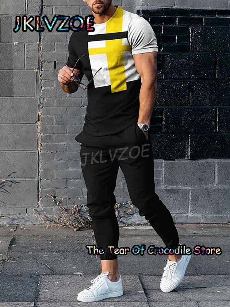 

2023 Stripe Men's T Shirt Set Tracksuit Short Sleeve Long Pants Street Streetwear Printing 2 Piece Outfits Summer Clothes