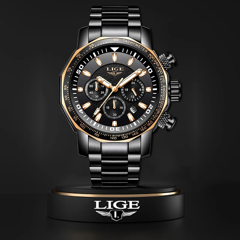 

Часы LIGE Мужские кварцевые, роскошные брендовые полностью стальные спортивные водонепроницаемые с хронографом и большим циферблатом