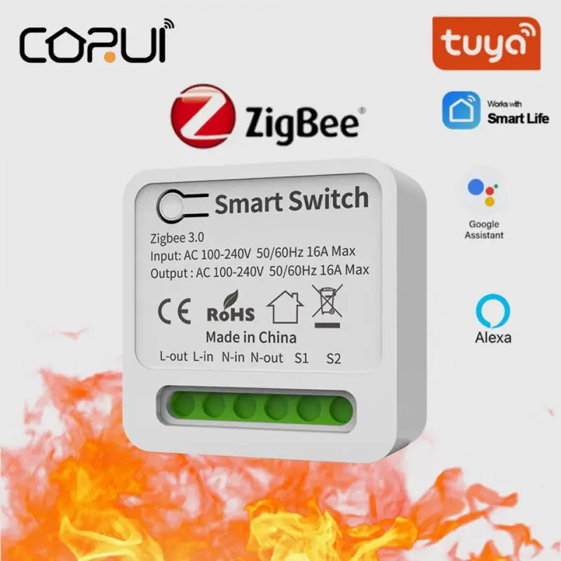 

CORUI Tuya ZigBee 10/16A Mini Smart Switch Support 2 Way Control Smart Life Remote Control Work With Alexa Google Home Alice