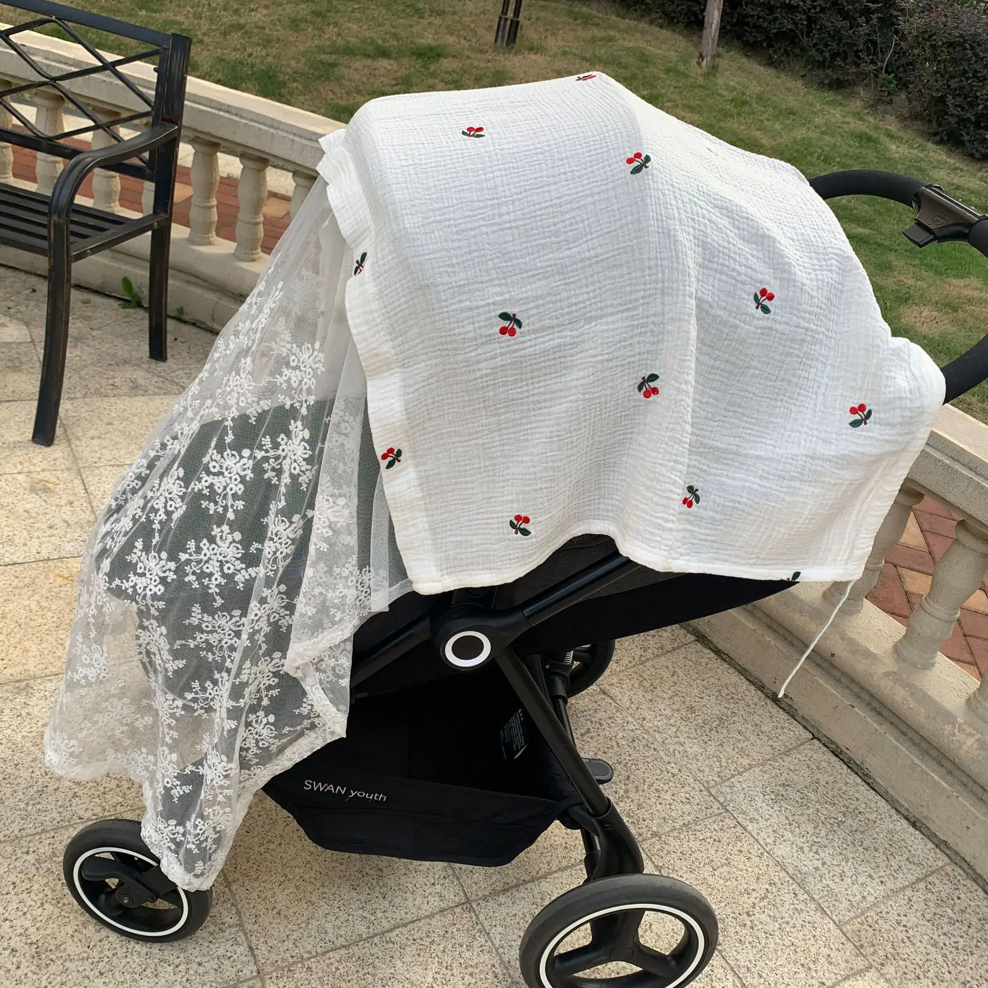

Baby Stroller Breathable Mesh Mosquitoes Net Gauze Multi-purpose Blanket Sunshade Curtain Embroidery Pattern 130 X 100cm