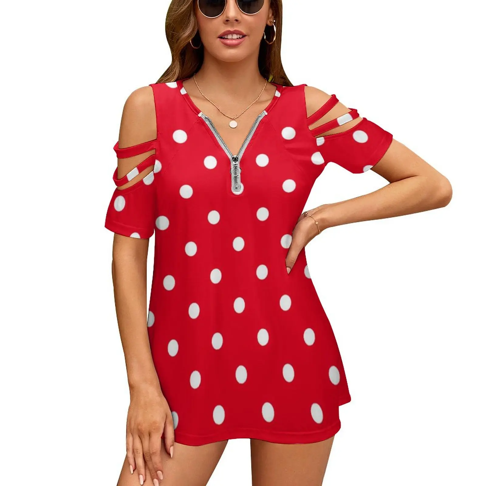 

Red with White Polka Dots T Shirts Polka Dot Spotted Circles Casual V Neck T-Shirt Women Elegant Short Sleeve Oversize Tees Top