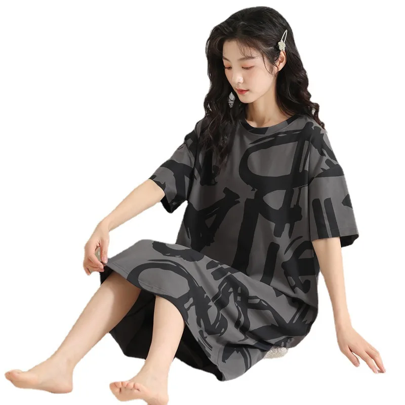 Nightdress Women's Summer Thin Pure Cotton Short-sleeved Long Skirt Can Be Worn Outside Loose Home Suit Breathable Loungewear