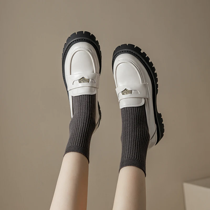 Loafer Shoes Women Platform Pumps Genuine Leather Thickened Flats Office Lady Comfy Soft Classic Black White 4cm Med Heels
