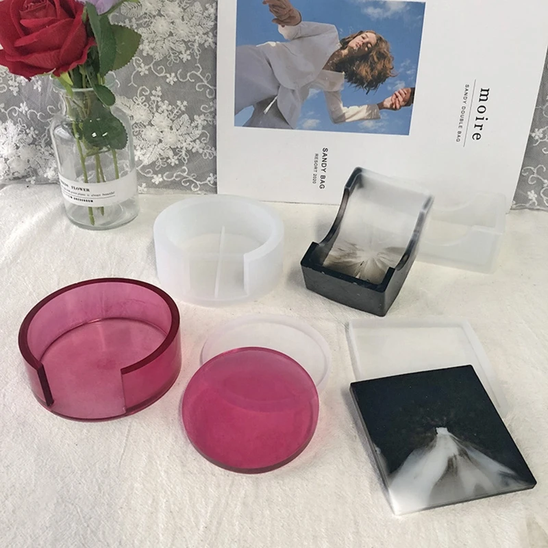 

MXME 4/5Pcs Resin Molds Silicone Coaster Molds Coaster Storage Box Mold Round Coaster Resin Molds for Making Craft Tool