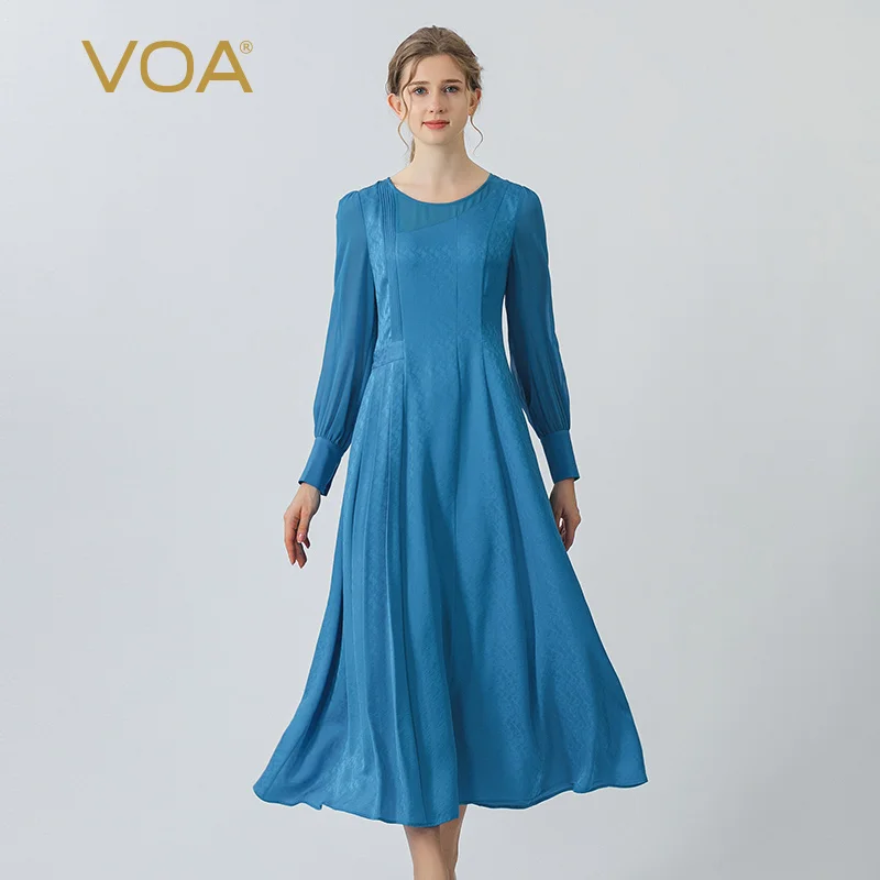 

VOA Glass Blue 22 Momme Jacquard Mulberry Silk O-neck Dresses Women Puff Long Sleeve Three-Dimensional Pleated Silk Dress AE1621