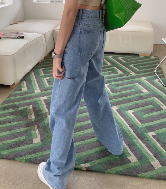 Women Street Style Casual Loose Straight Denim Pants Classic New High Waist Ripped Hole Jeans Female Washed Blue Jean Trousers