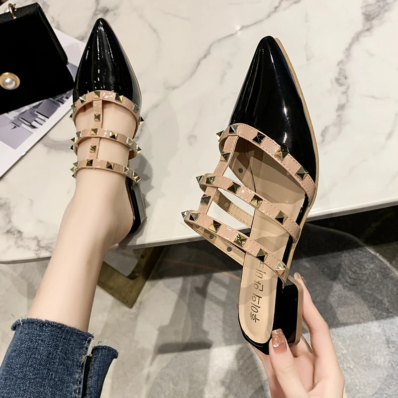 Women's sandals 2022 summer new style Baotou flat bottom pointed rivet half slippers women's low heel fashion designer slippers