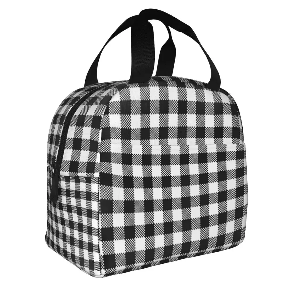 

Black And White Gingham Lunch Box Women Geometric Checkered Plaid Cooler Thermal Food Insulated Lunch Bag For Work Picnic Bags
