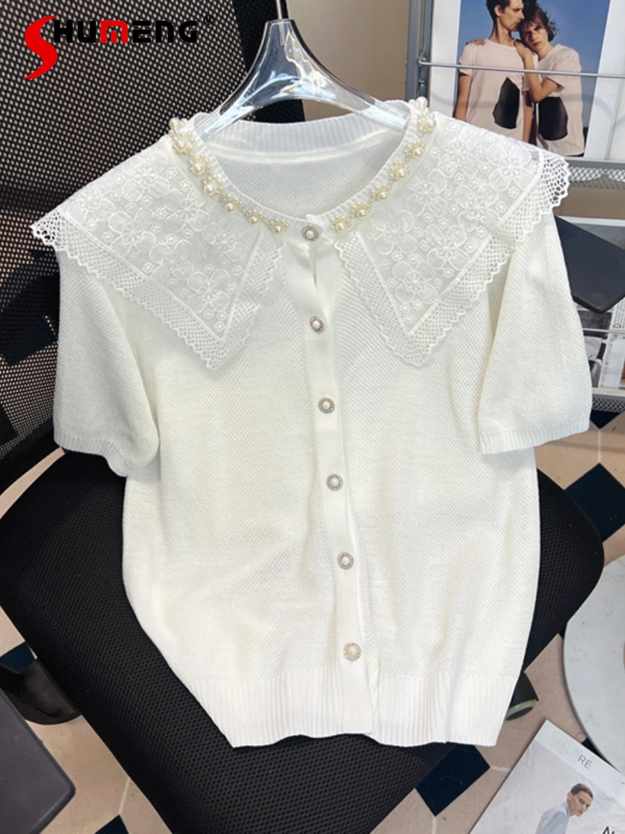 

2022 Summer New Heavy Industry Beads Sweet Lace Peter Pan Collar Short-Sleeved Knitwear T-shirt Women's Chic White Tshirt Tops