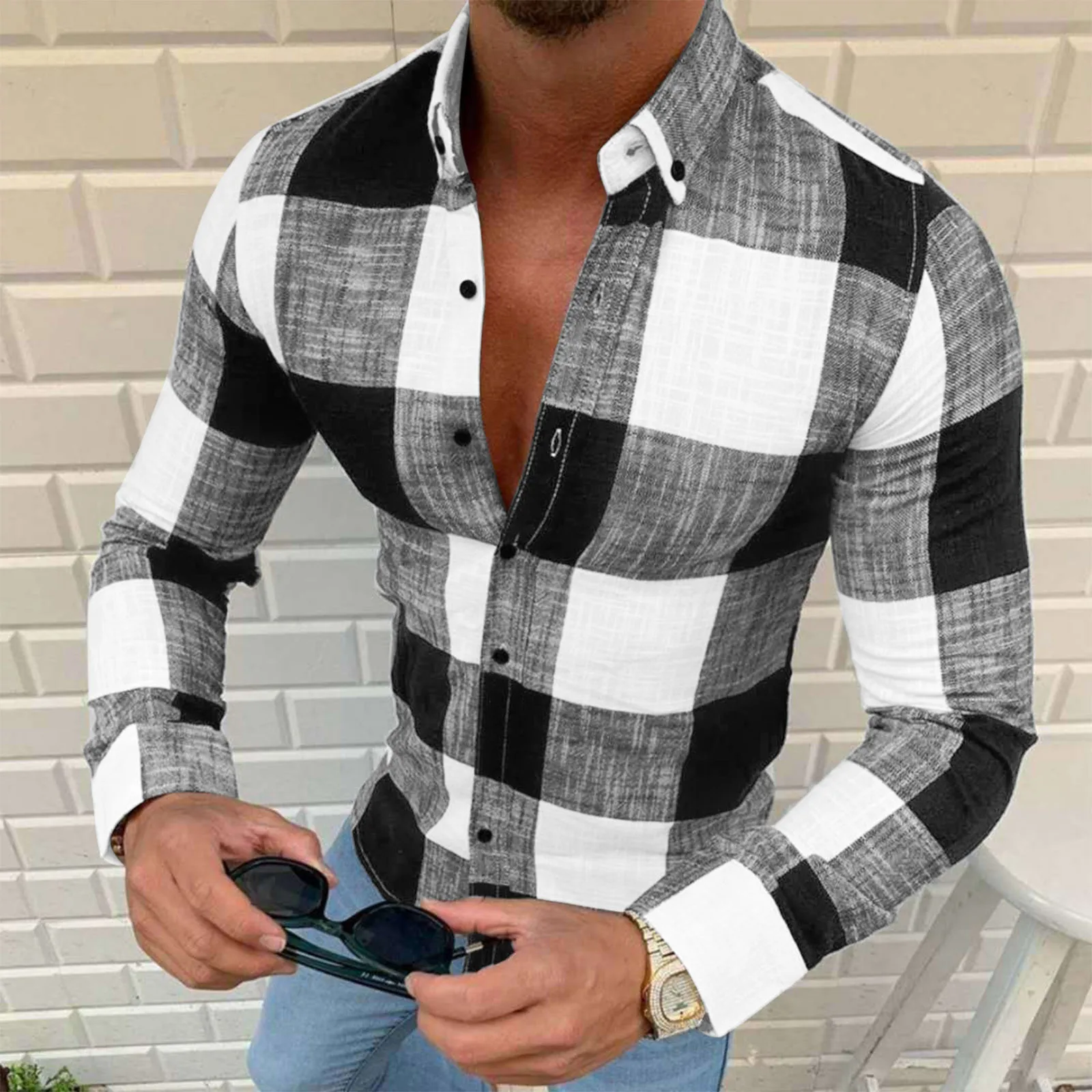 

Button down Bodysuit Male Casual Cotton Linen Lattice Loose Shirt Mens Turndown Collar Mens Long Sleeved Workout Tops