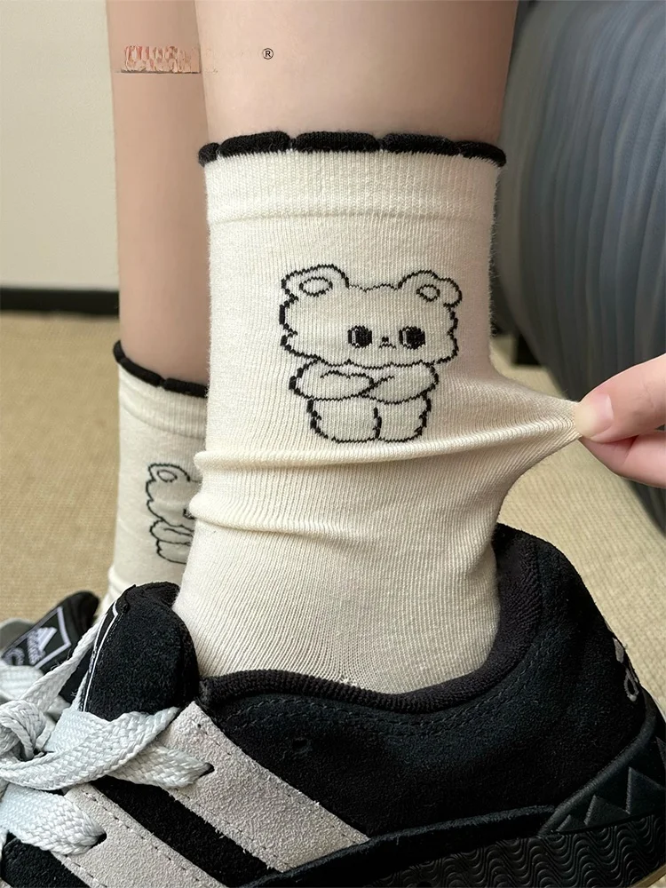Белые носки женские носки-трубочки с милым медведем весенне-осенние модные чулки